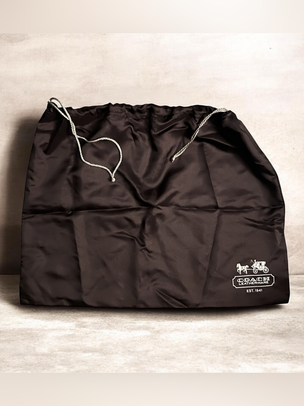 Coach Black Drawstring Satin Dust Bag with White Logo